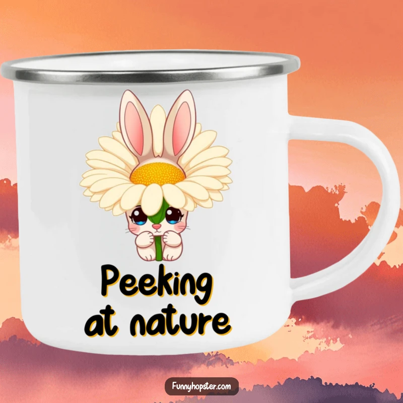 Funny camping mug featuring a rabbit with curious eyes peeking from behind a large daisy, perfect for outdoor enjoyment.
