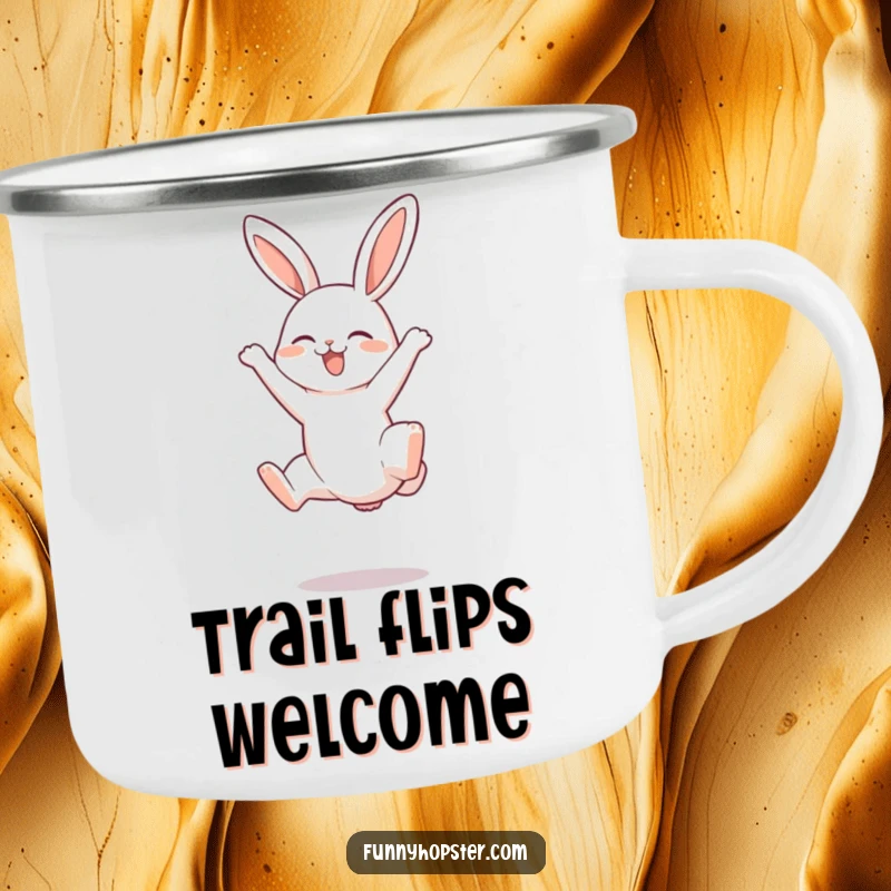 Funny camping mug featuring a rabbit doing a joyful somersault with legs up, perfect for outdoor enjoyment and cheer.