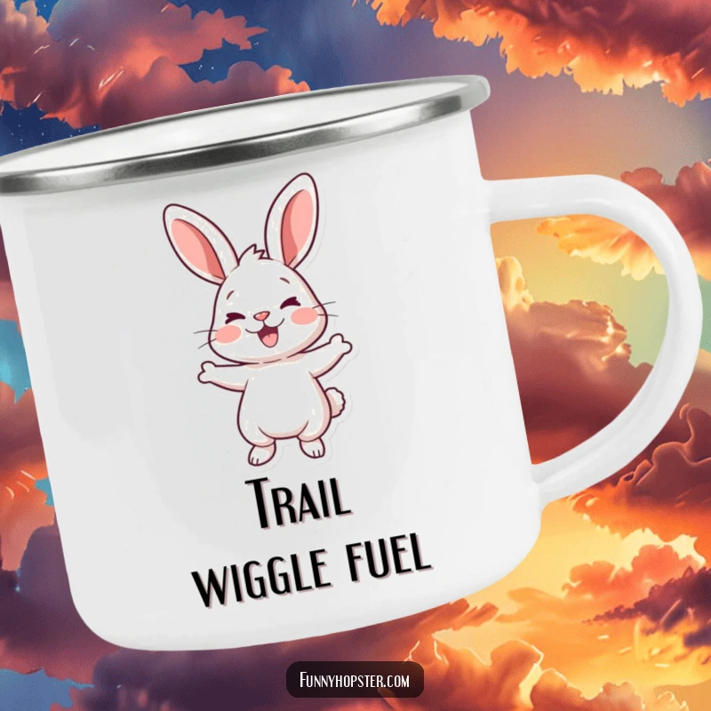 Funny camping mug featuring a cartoon rabbit doing a joyful wiggle, perfect for outdoor fun.