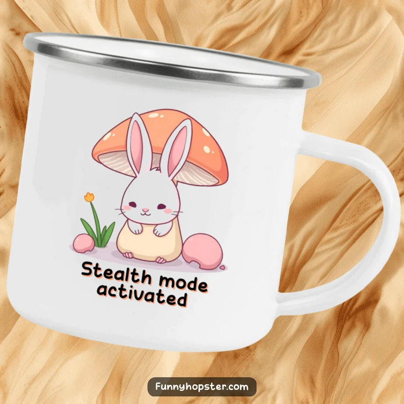 Funny Camping Mug showing a shy rabbit's ears above a mushroom, ideal for outdoor use with a humorous touch.