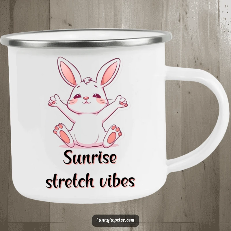 Funny Camping Mug showing a rabbit stretching upwards, perfect for enjoying nature with a relaxed and humorous spirit.