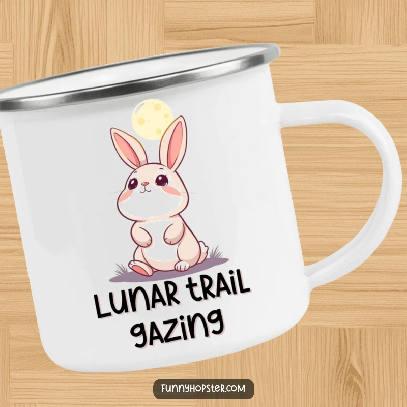 Funny camping mug featuring a rabbit character looking up at the moon with wonder, ideal for nighttime adventures.