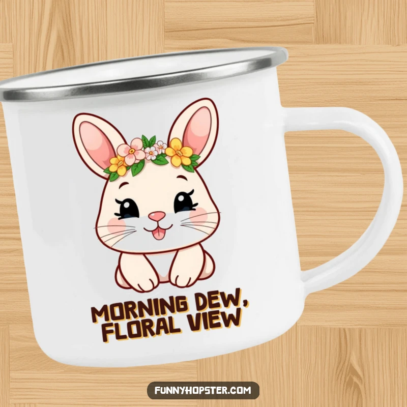 Funny camping mug with a smiling rabbit wearing a tiny flower crown, perfect for hot drinks on the go with a touch of humor.