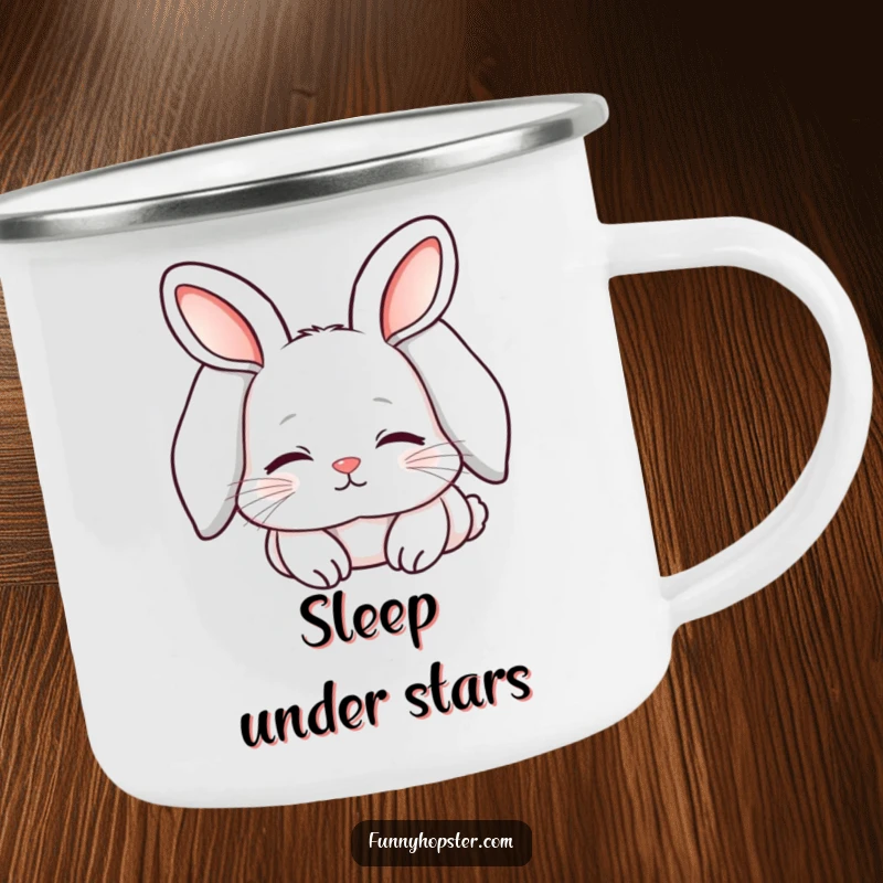 Funny camping mug featuring a kawaii rabbit with long, flopped ears, looking sleepy and content, perfect for cozy outdoor moments.