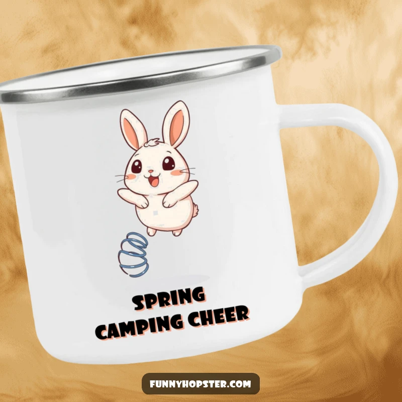 Funny camping mug showing a round rabbit bouncing ecstatically on a spring during an outdoor adventure.