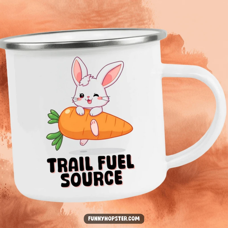 Funny camping mug with a fluffy bunny character with huge ears joyfully bouncing on a giant carrot, ready for adventure.