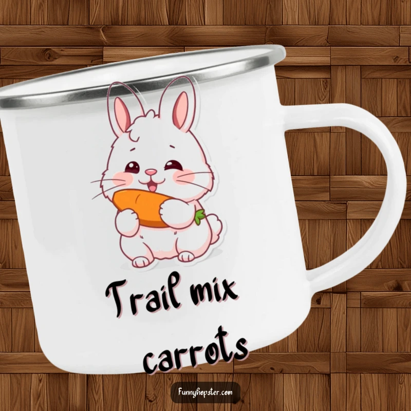 Funny camping mug featuring a fluffy rabbit with twitching whiskers, happily eating a carrot, evoking outdoor enjoyment.