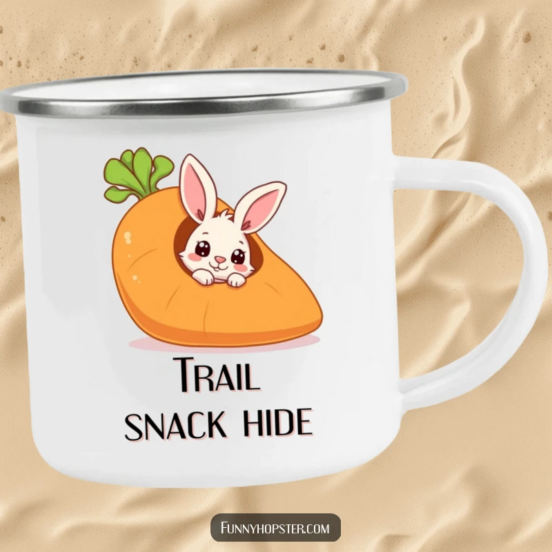 Funny camping mug with a curious rabbit peeking from a giant carrot, perfect for outdoor enjoyment and playful secrets.