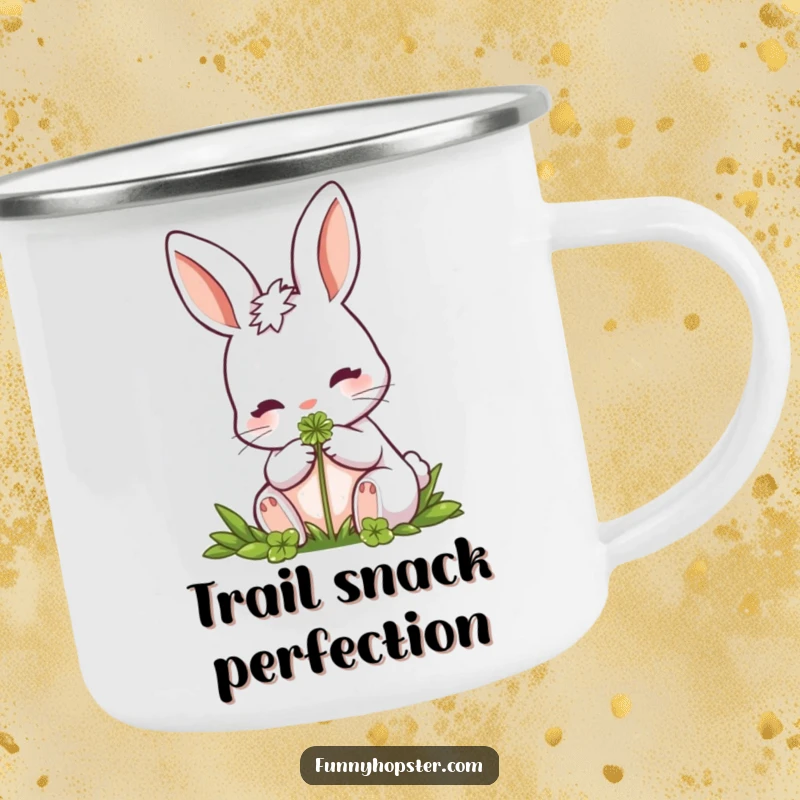 Funny Rabbit Camping Mug: A durable outdoor mug featuring a rabbit nibbling a clover, bringing nature's charm and good luck to every sip.