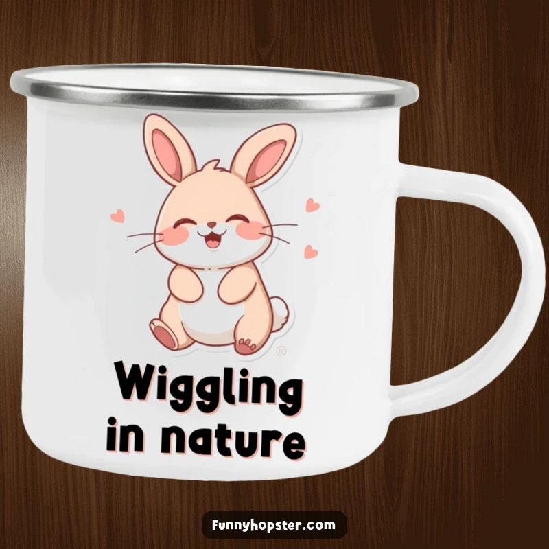 Funny Kawaii Rabbit Camping Mug: Durable mug with a giggling bunny doing a silly wiggle, ideal for camping trips.