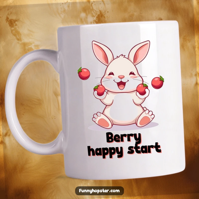 Funny mug featuring a happy rabbit skillfully juggling three small, shiny berries with its paws, looking pleased.