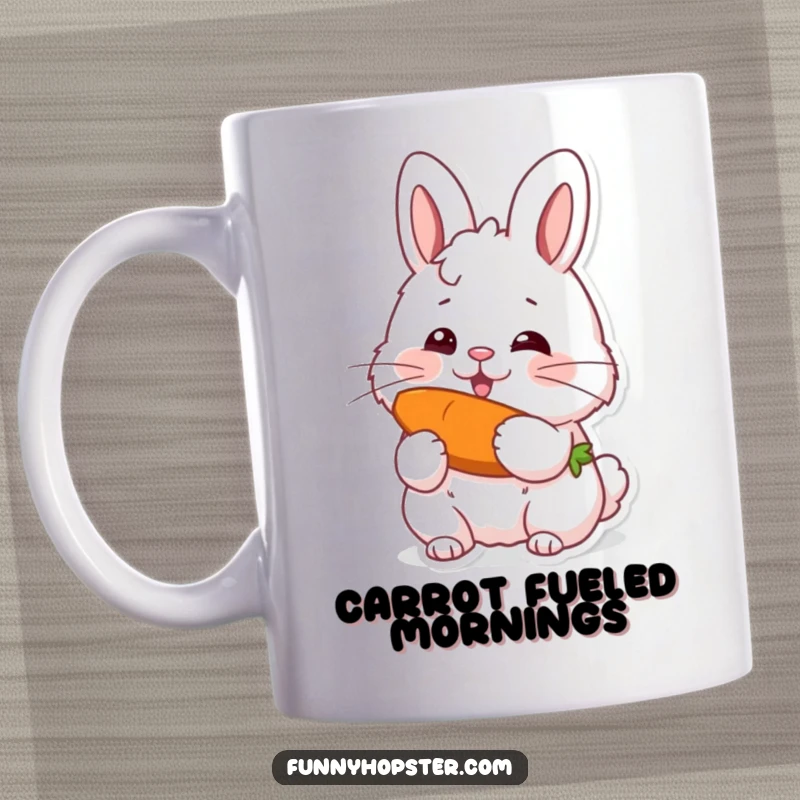 Funny mug showcasing a fluffy rabbit with twitching whiskers, joyfully devouring a vibrant carrot, embodying pure contentment.