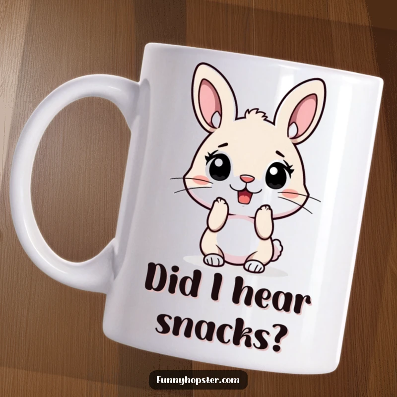 Funny mug featuring a surprised rabbit with extremely high, perked ears, looking shocked and wide-eyed, perfect for a funny gift.