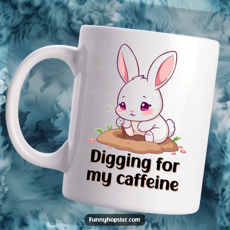 Funny mug with a cute rabbit having pink eyes, excitedly digging a hole with tiny paws, showing determination.