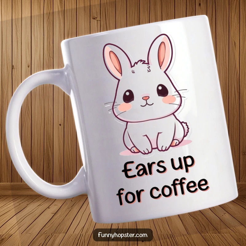 Funny kawaii rabbit mug shows a cute bunny with ears perked up, listening intently with a focused and adorable expression.