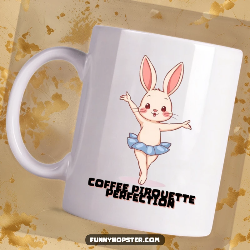 Funny Mug showing a rabbit performing a graceful ballet pose with one paw extended, showcasing elegance and charm.