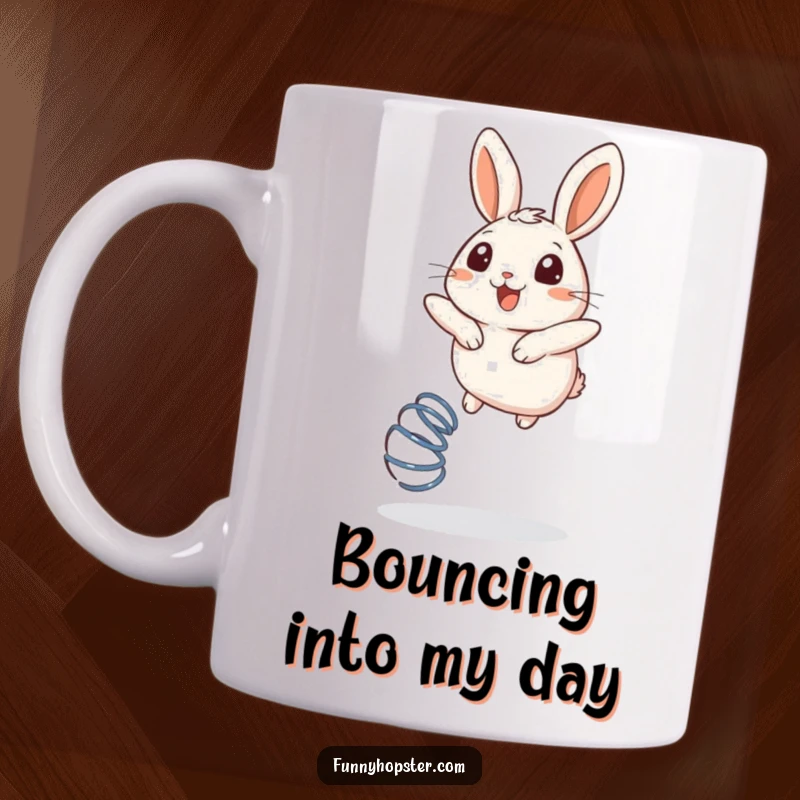 Funny mug featuring a round, happy rabbit bouncing with pure delight on a spring, full of joy.