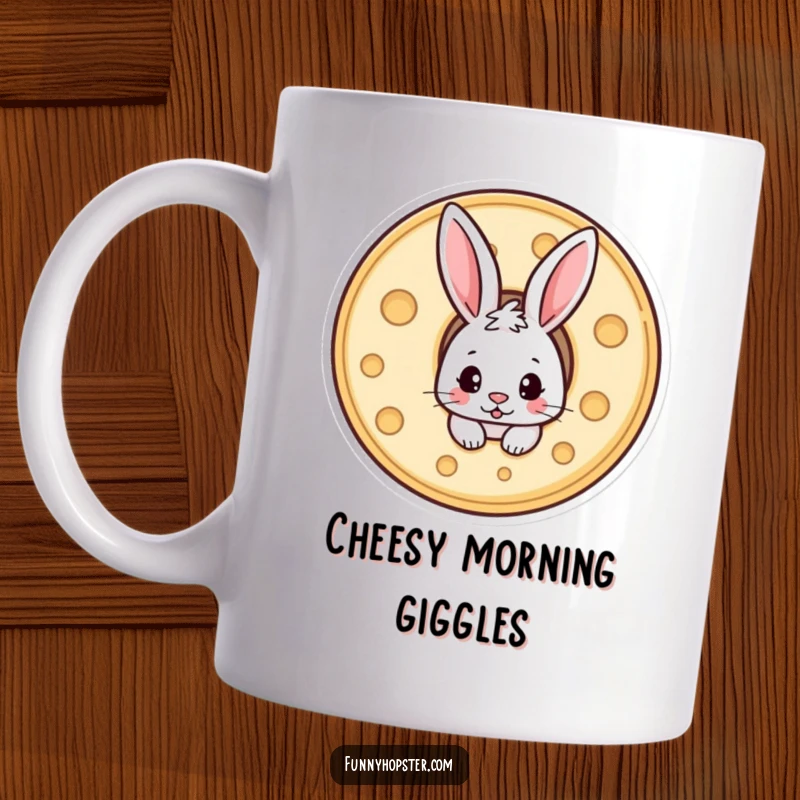 Funny mug featuring a mischievous rabbit peeking out from a delicious wheel of cheese, looking playful.