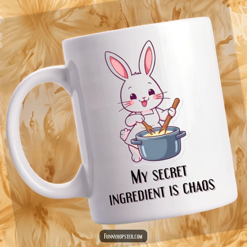 Funny chef rabbit in a tiny apron happily stirring a steaming pot, a delightful kitchen scene perfect for coffee lovers.