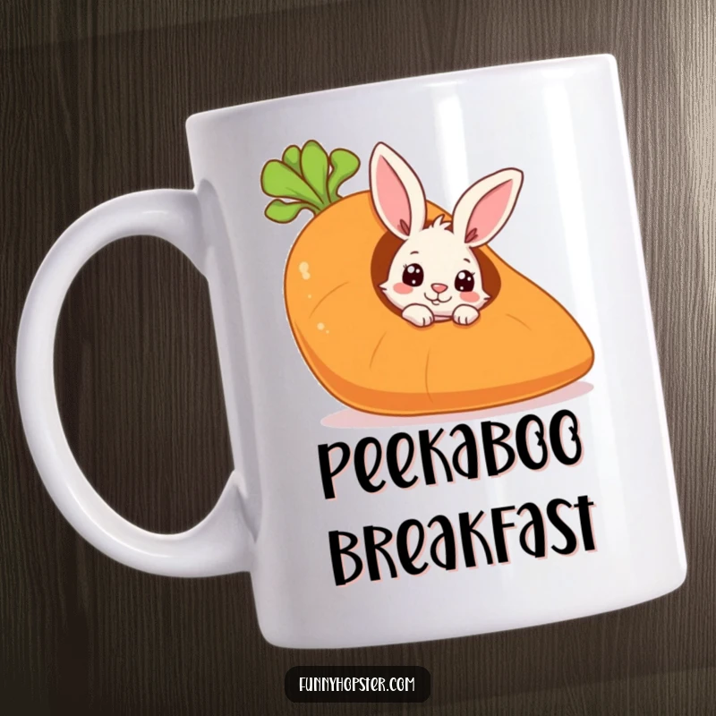 Funny mug with a curious rabbit peeking out from a giant hollow carrot, embodying playful intrigue and hidden joy.
