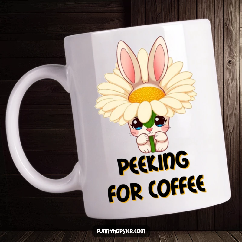 Funny mug with a rabbit character sporting wide, curious eyes, peeking playfully from behind a large, vibrant daisy.
