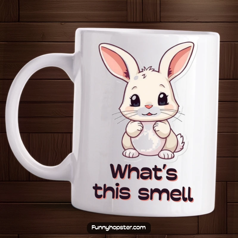 Funny Curious Rabbit Mug: A rabbit with wide eyes and twitching ears, looking intently, embodying curiosity, a perfect funny gift.