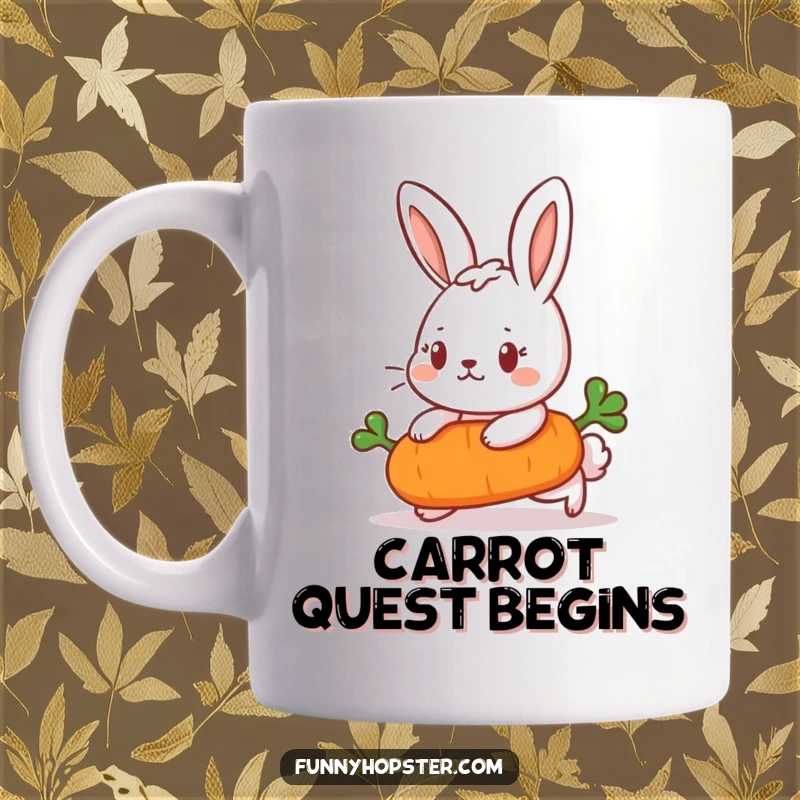 Funny Mug showing a determined rabbit pushing a small rolling carrot, embodying focus and persistent effort.