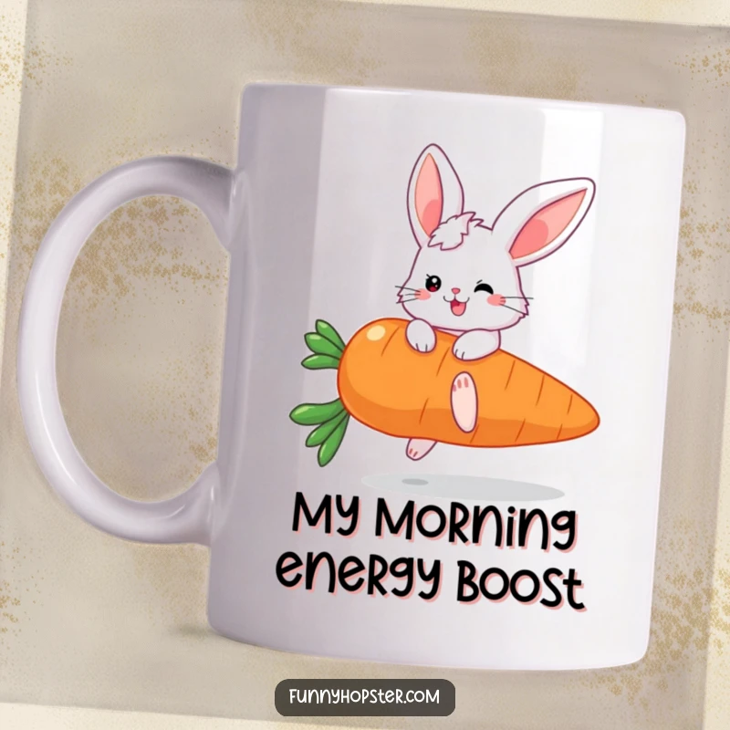 Funny mug with a fluffy bunny character with huge ears happily bouncing on a giant carrot, expressing pure delight.