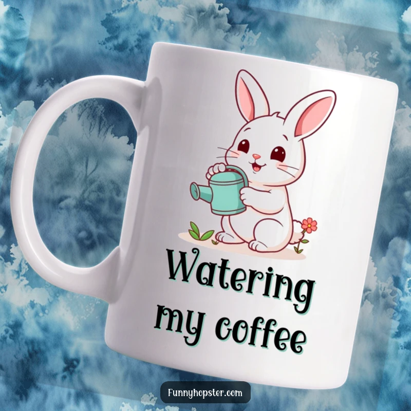 Funny mug features a cheerful rabbit holding a small watering can, gently tending to a tiny flower, radiating care.
