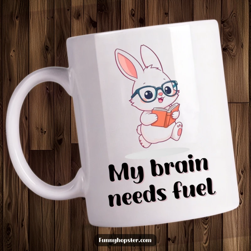 Funny mug with a fluffy rabbit in glasses enthusiastically hopping with a book, embodying a clever and studious personality.