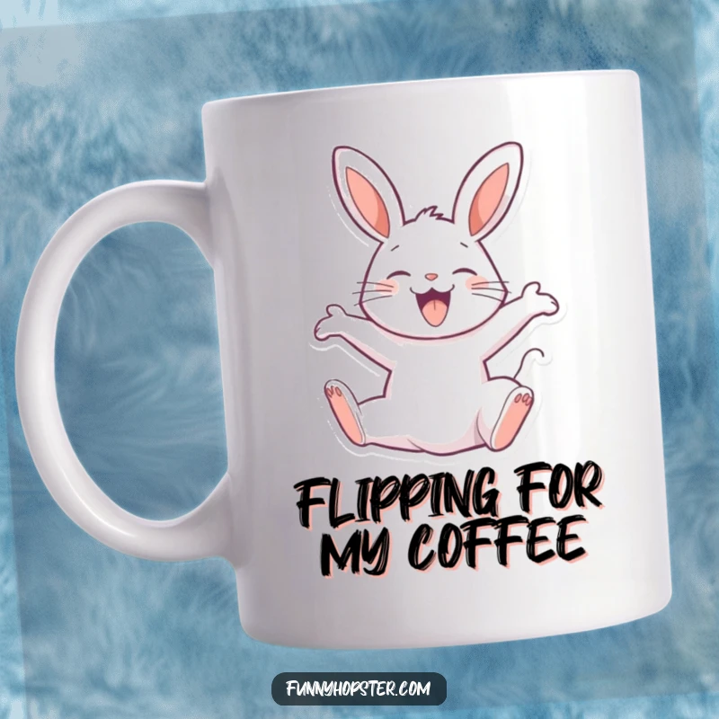 Funny mug featuring a joyful rabbit character performing a happy backflip, showcasing extreme happiness and energetic celebration.