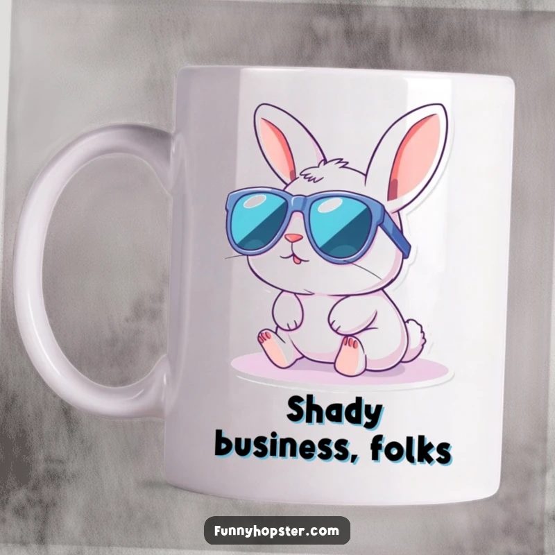 Funny mug featuring a cute kawaii rabbit wearing oversized sunglasses, enjoying a relaxing sunbath with a cool, chill vibe.
