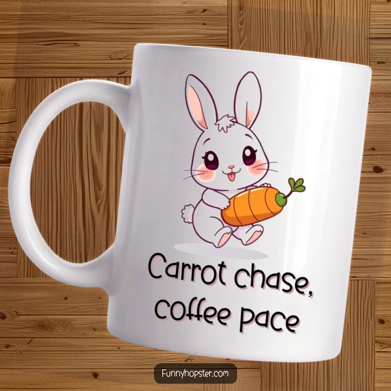 Funny mug featuring a playful rabbit character energetically chasing a bouncing carrot, symbolizing fun and determination.