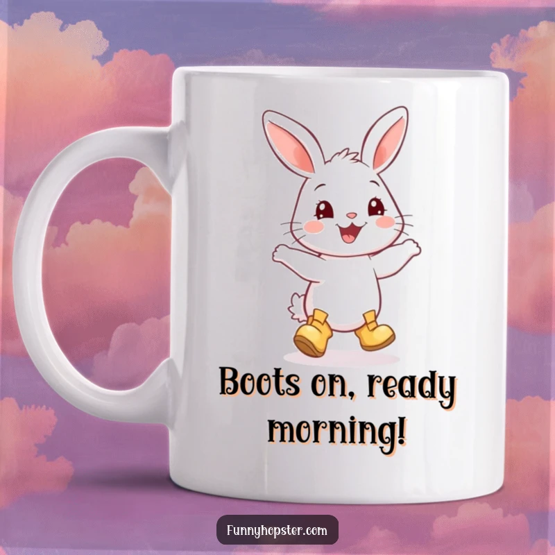 Funny mug featuring a smiling rabbit wearing tiny boots, joyfully dancing with absolute delight and infectious happiness.