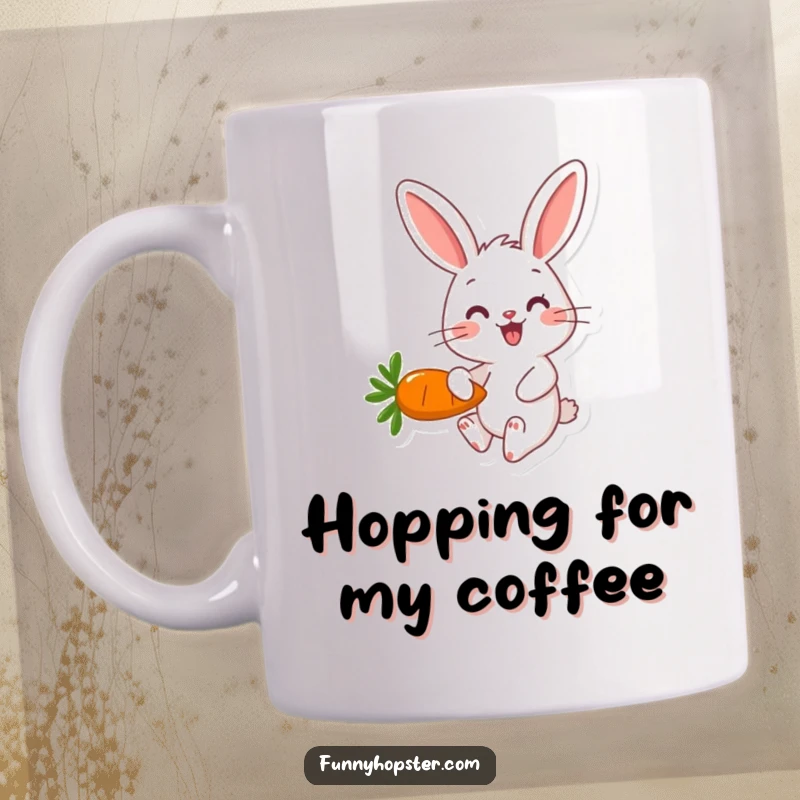 Funny rabbit character happily hopping along while holding a delicious carrot on a ceramic mug.