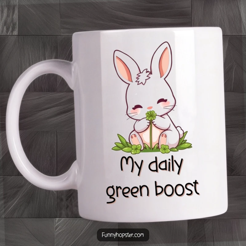 Funny Rabbit Mug: A cute rabbit character peacefully nibbling on a green clover, conveying serenity and gentle enjoyment.
