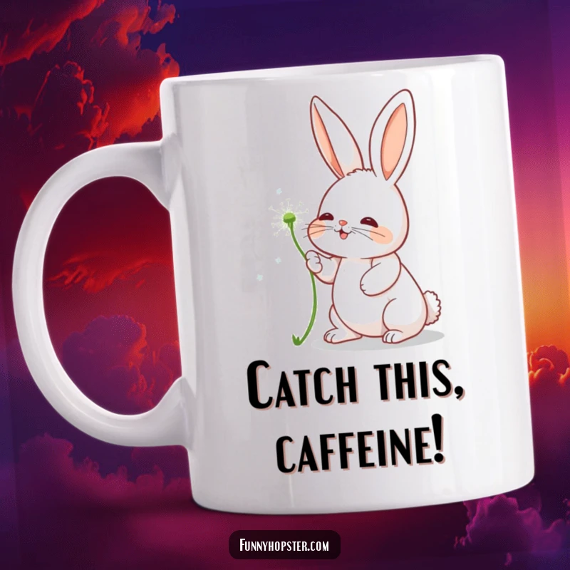Funny mug featuring a cartoon rabbit playfully batting at a floating dandelion seed, enjoying a whimsical moment.