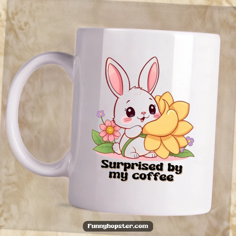 Funny mug showing a kawaii rabbit with surprised eyes discovering a giant, beautiful flower, capturing a moment of pure awe.
