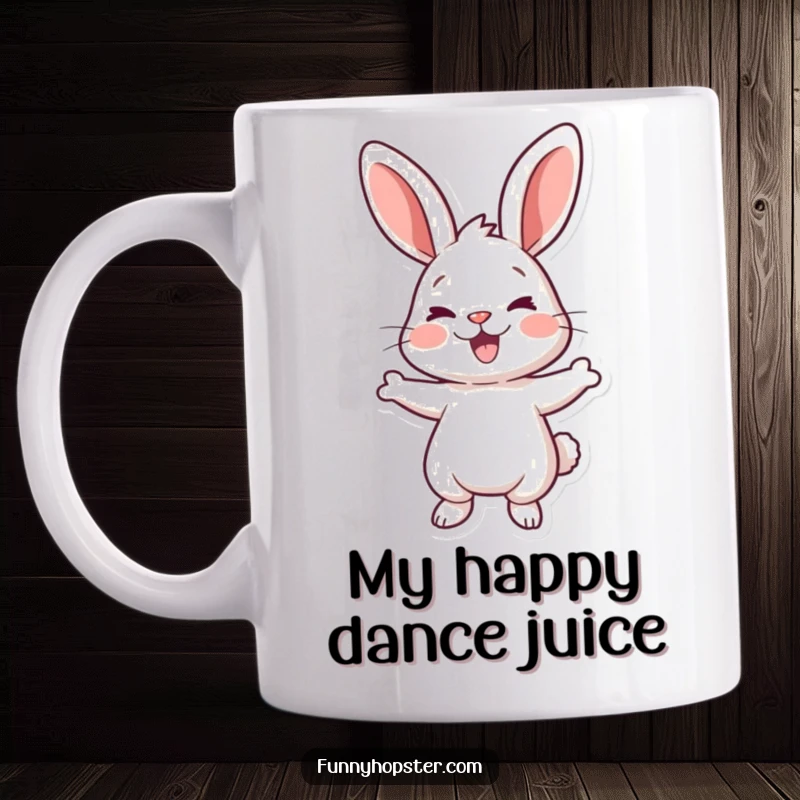 Funny mug featuring a cartoon rabbit doing a joyful, energetic wiggle dance, radiating happiness and fun.