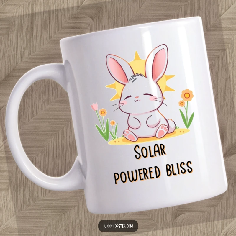 Funny rabbit character basking peacefully in the sun, eyes closed in utter contentment, depicted on a serene mug.