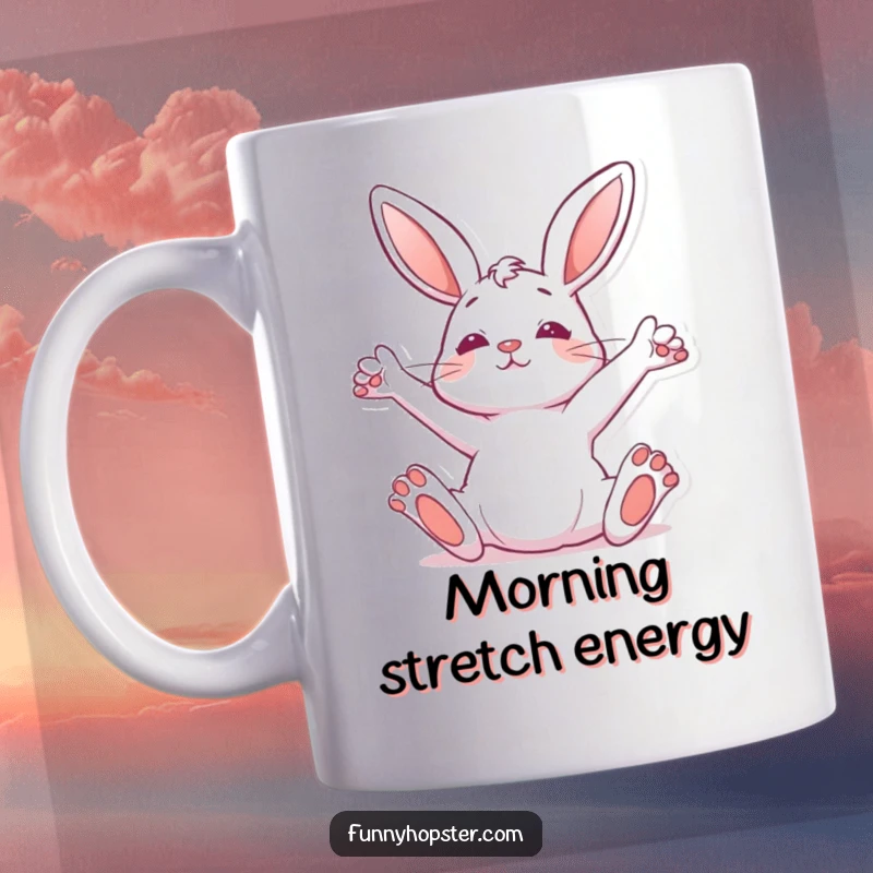 Funny Mug featuring a rabbit stretching languidly with its paws reaching high, embodying relaxed morning vibes.
