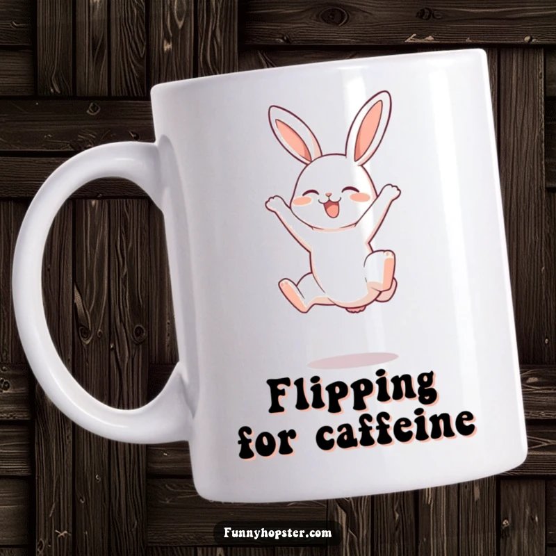Funny mug depicting a rabbit character joyfully performing a somersault with its little legs playfully kicking in the air.