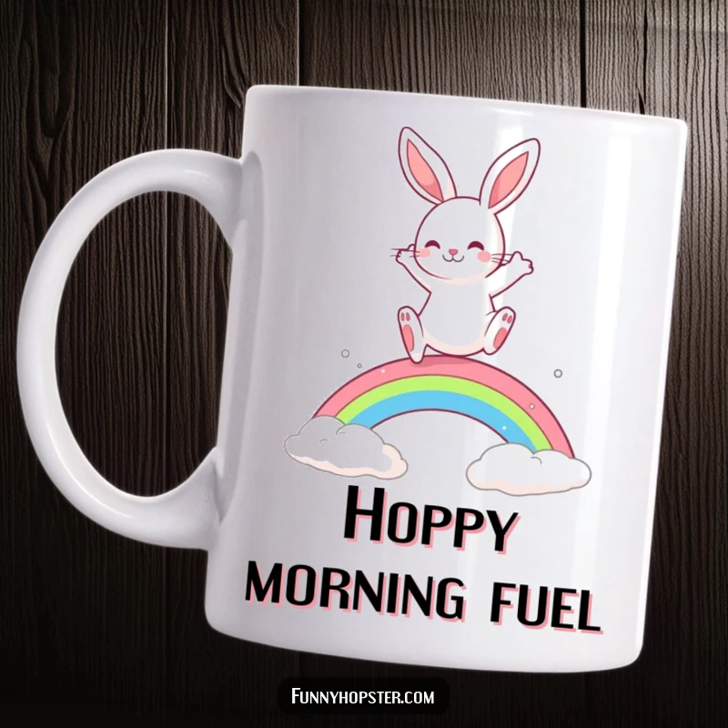 Funny Rabbit Mug: A playful rabbit leaps joyfully over a vibrant rainbow, spreading cheer and happiness.