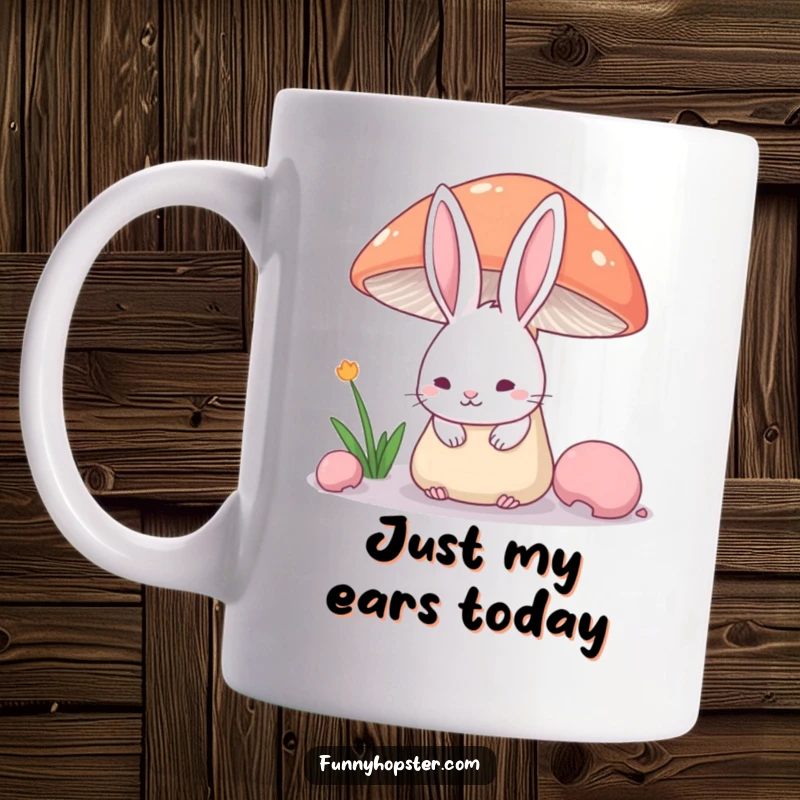 Funny Mug featuring a shy rabbit's ears visible above a large mushroom, conveying cuteness and bashfulness.