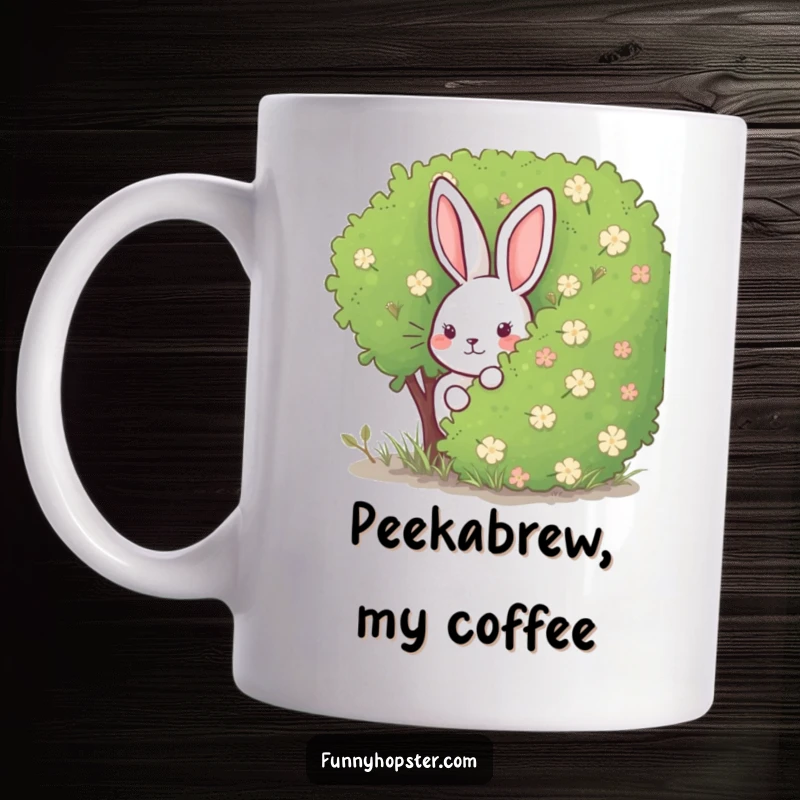 Funny Rabbit Mug: A rabbit character playfully peeking from behind a leafy bush, embodying a sense of fun and gentle mischief.
