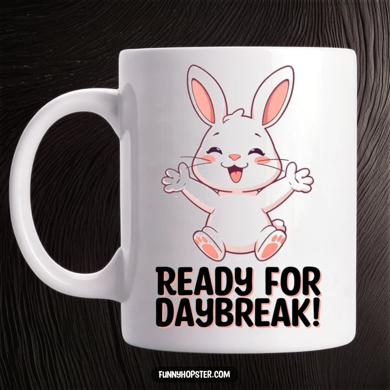 Funny mug featuring a happy rabbit with paws outstretched, posed as if ready to spring with infectious enthusiasm.