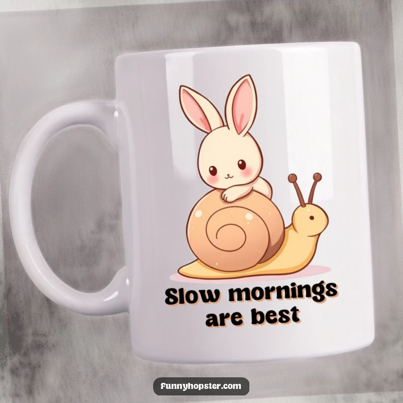 Funny mug featuring a tiny rabbit happily riding on the back of a friendly, slow-moving snail, enjoying the ride.