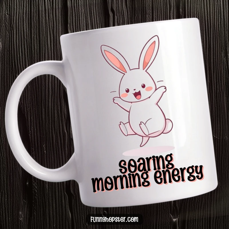 Funny mug featuring a cheerful rabbit performing a cartwheel with its long ears flying, embodying pure joy and playful energy.