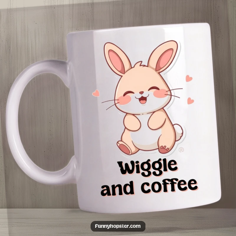 Funny Kawaii Rabbit Mug: A cute bunny giggling hysterically while performing a ridiculous wiggle, bringing pure amusement.