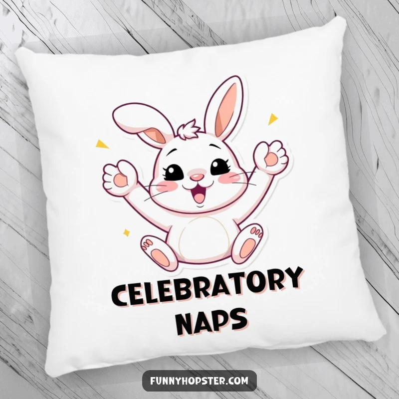 Funny Bunny Celebration Pillow: A plush pillow showcasing a bunny celebrating with paws raised, radiating happiness, a perfect funny gift.